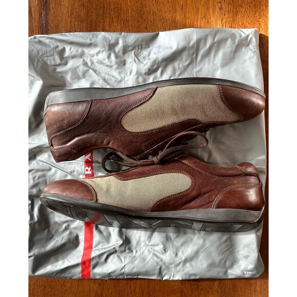 Authentic Prada Men's Size 9.5 Leather Low Trainers Brown w/Bag - Picture 3 of 14